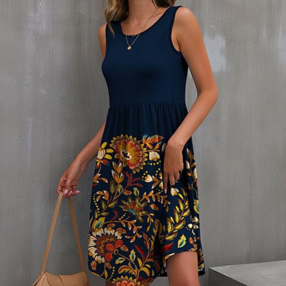 Navy & Yellow Floral Sleeveless Empire-Waist Dress